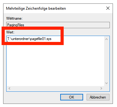 Registry pagefile sys ändern Verzeichnis und Dateiname 02